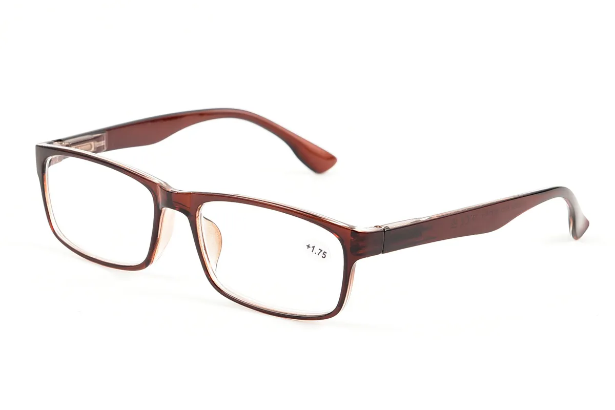 OEM reading glasses with brown rectangle frame — custom logo and private label available for optical retailers and brand owners
