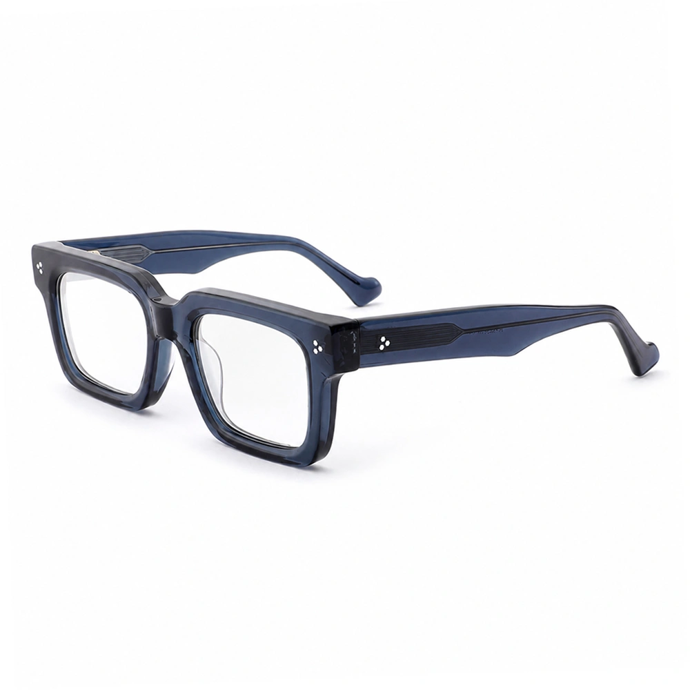 Dark blue rectangular acetate optical frame, angled side view