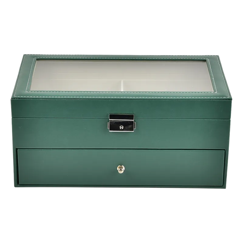 Green PU leather multi-slot eyeglass organizer with transparent lid and pull-out drawer