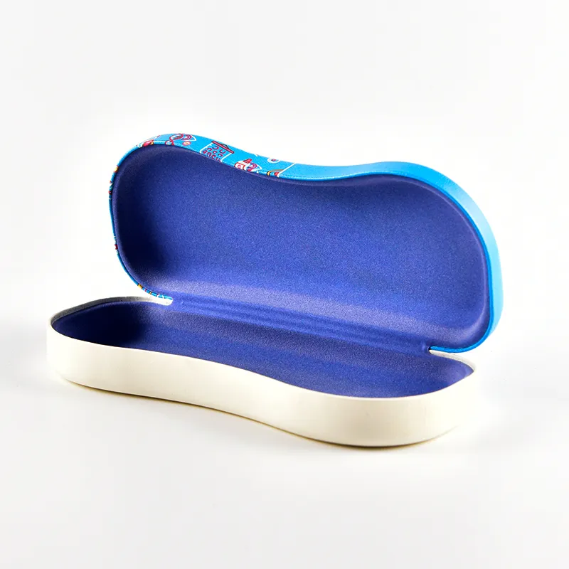 Open blue novelty eyeglass case with padded blue fabric interior