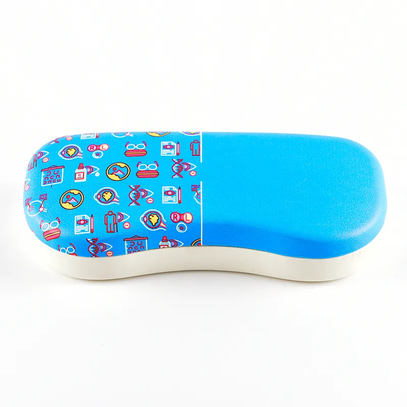 Blue novelty-shaped hard eyeglass case with custom optometry icon surface print