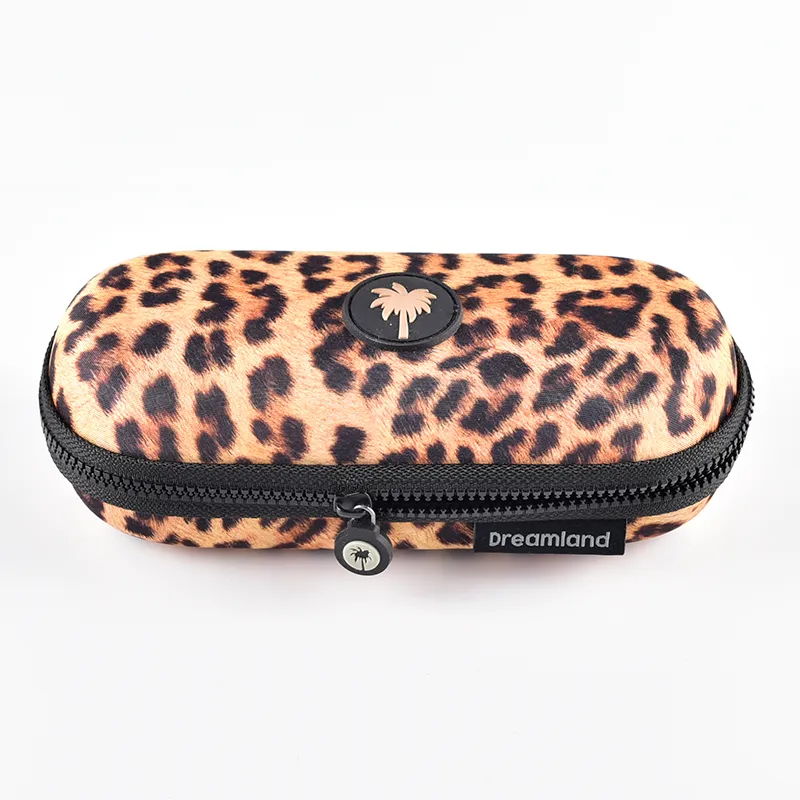 Custom zipper eyeglass case with leopard print fabric and branded rubber logo badge