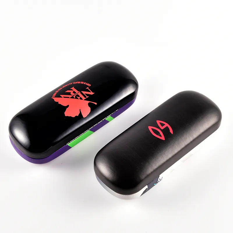 Back view of custom full-wrap printed eyeglass cases showing 360-degree print coverage