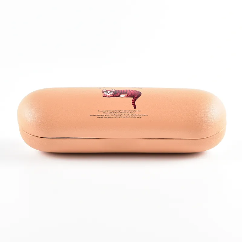 Peach oval hard shell eyeglass case with custom illustrated cat graphic — OEM print sample