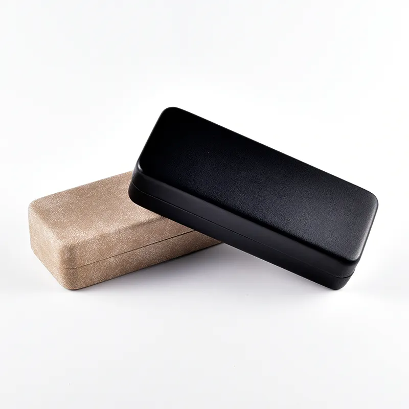 Rectangular hard eyeglass cases in black PU leather and camel suede finishes