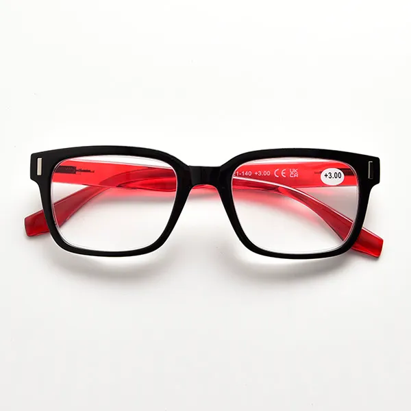 Front view of square reading glasses in black frame with red temples