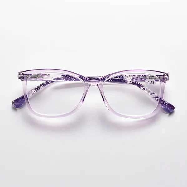Front view of lightweight reading glasses for women in transparent purple frame