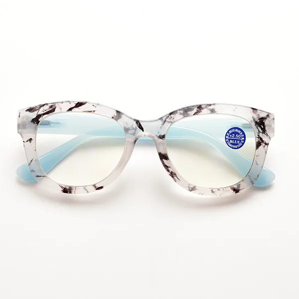 Front view of marble pattern cat eye readers with blue light blocking lenses