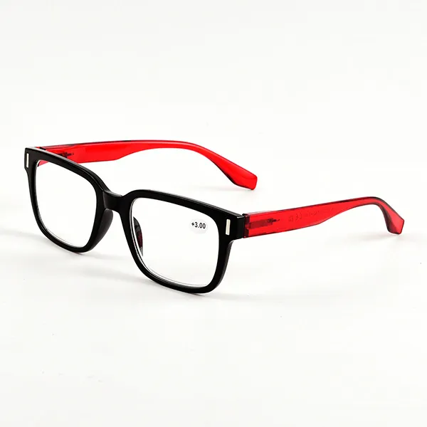 Bold square reading glasses in black frame with translucent red temples