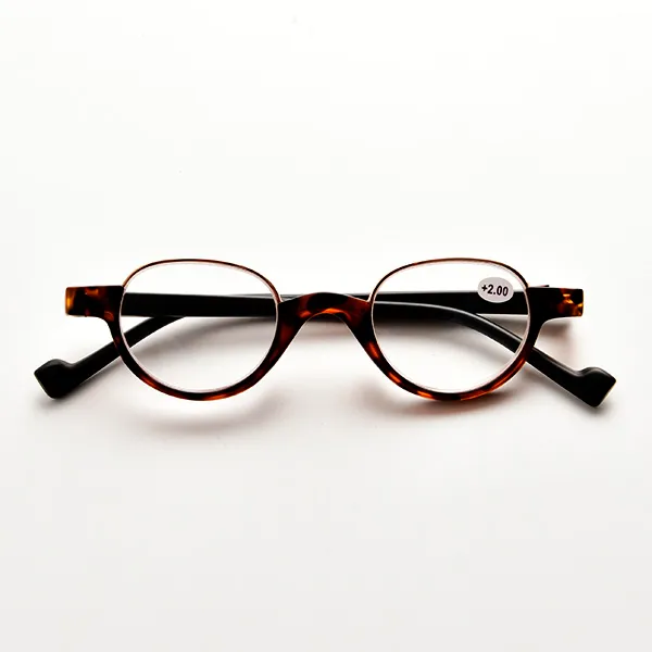 Unisex round half frame reading glasses in tortoiseshell with black temples