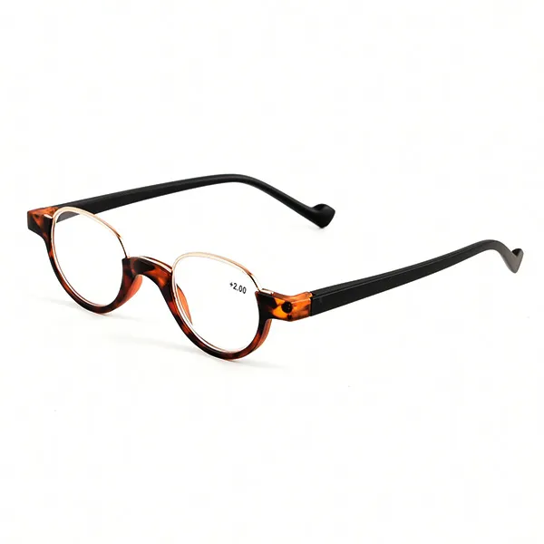 Unisex round half frame reading glasses in tortoiseshell with black temples