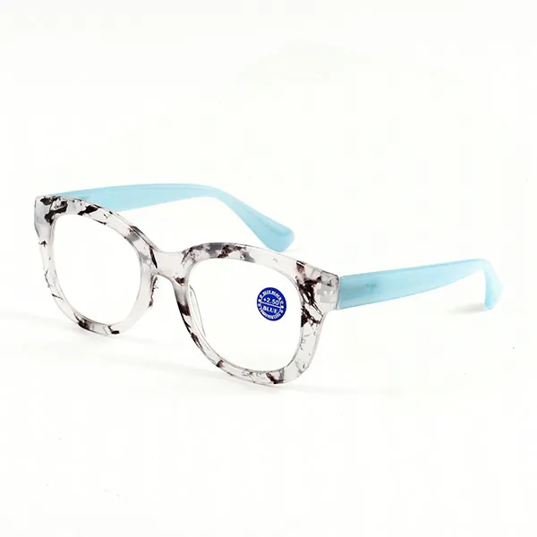 Women's cat eye readers in white marble frame with light blue temples