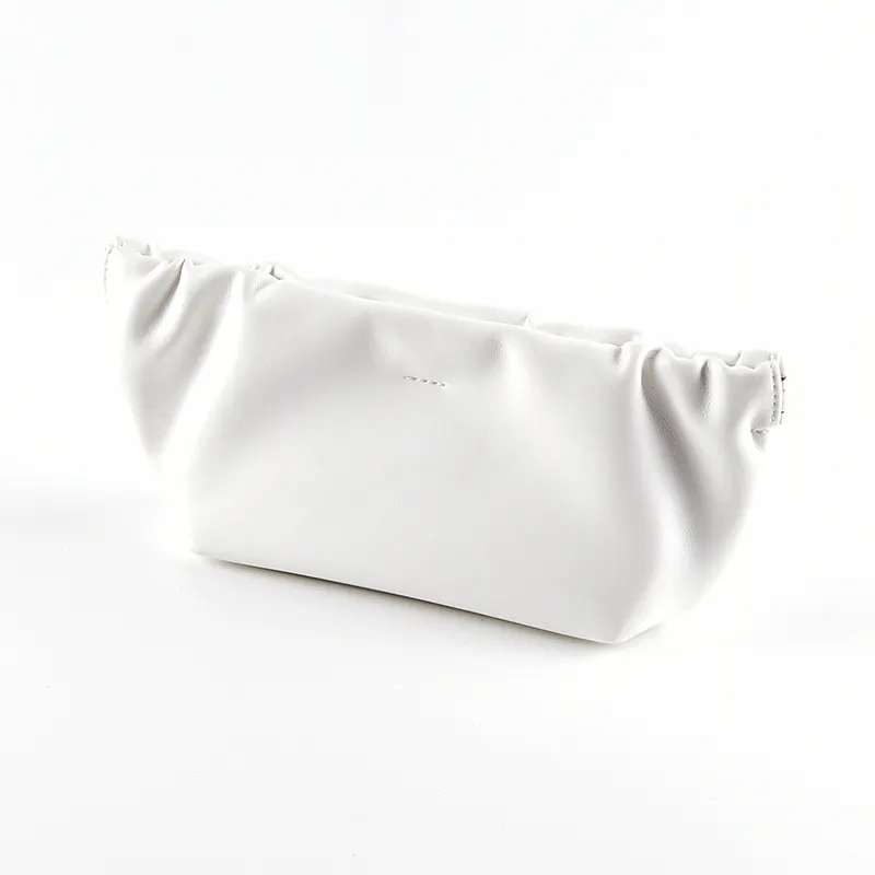 White soft PU leather eyeglass pouch with ruched gathered exterior