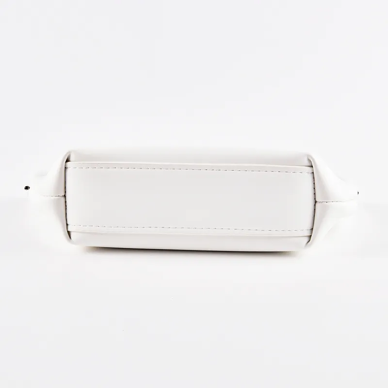 Base view of white soft PU eyeglass case showing clean stitched construction