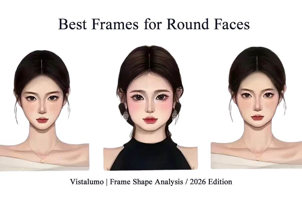 Three illustrations of women with round faces used for a glasses frame shape guide.