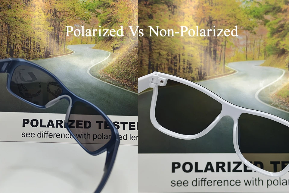 Comparison of polarized vs non-polarized sunglasses using a professional testing card, showing how polarized lenses reveal hidden details and reduce glare.