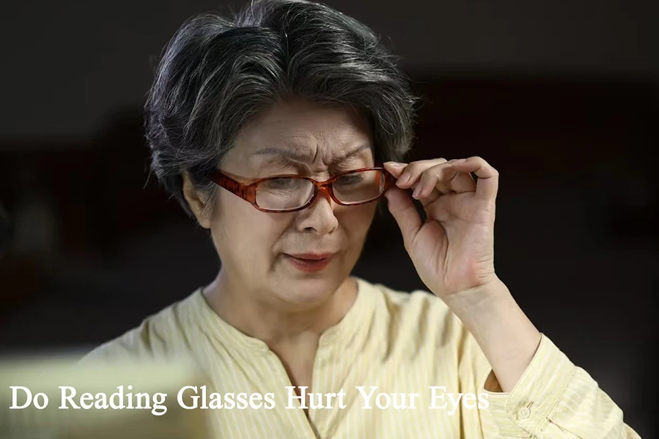 A senior woman with grey hair wearing tortoiseshell reading glasses, squinting and frowning while looking at a book. Text overlay asks, "Do Reading Glasses Hurt Your Eyes".