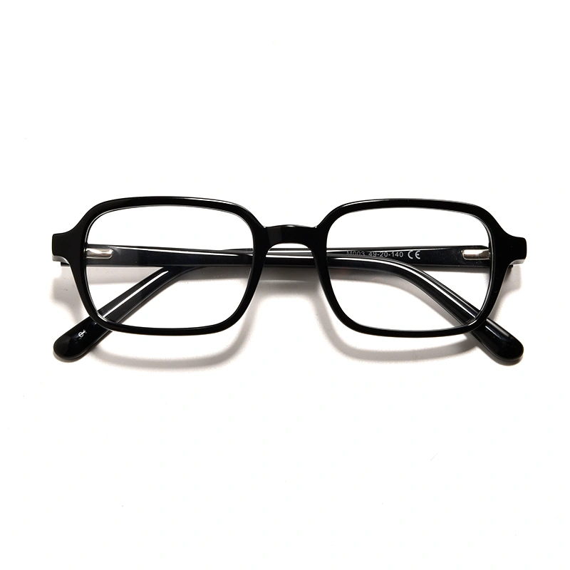 Front view of rectangular black acetate eyeglass frames.