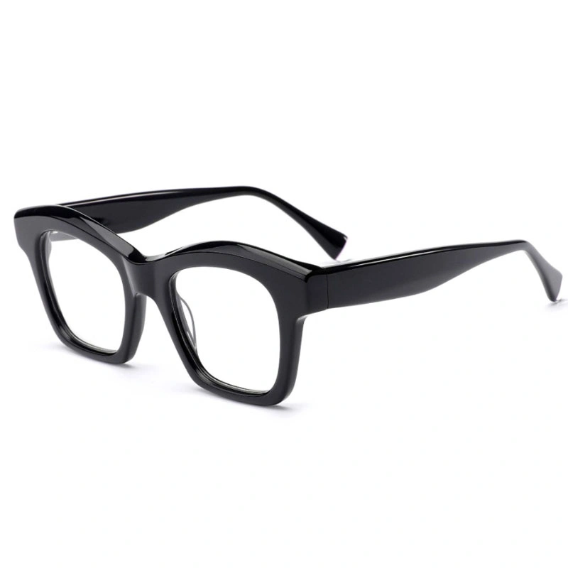 Classic thick-frame square acetate eyeglasses in a solid, glossy black finish, photographed from a 3/4 perspective on a clean white background.