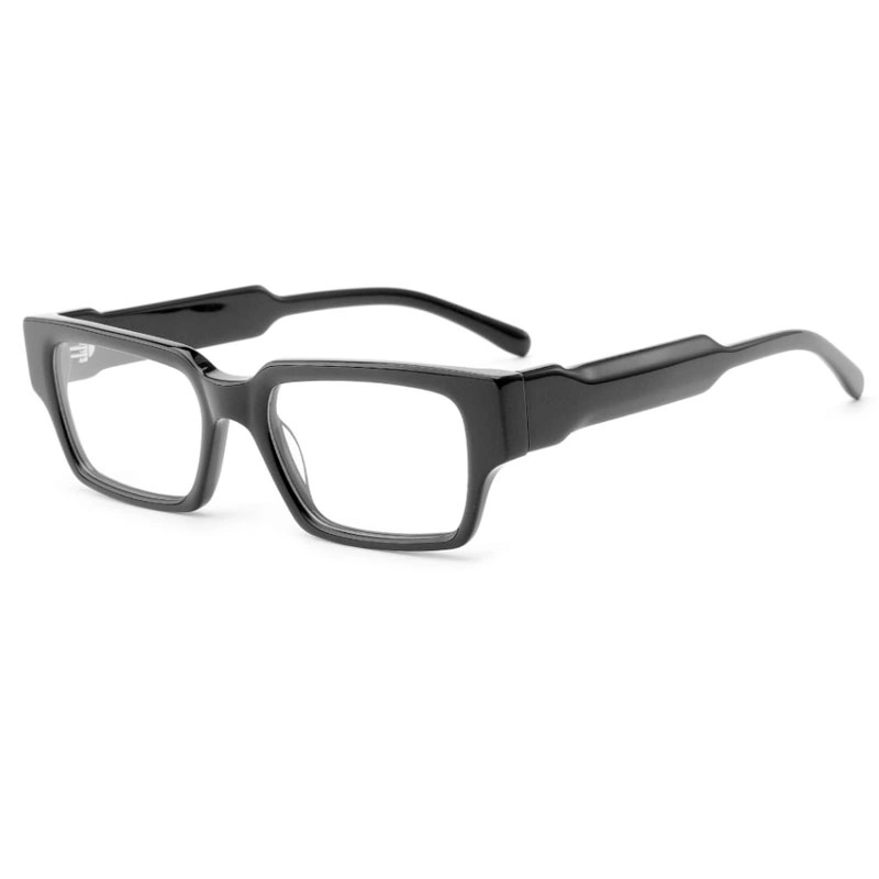 A three-quarter view of men's rectangular eyeglasses with a thick, glossy black acetate frame and uniquely sculpted temples.