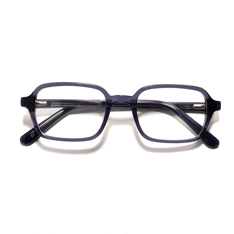 Front view of rectangular blue acetate eyeglass frames.