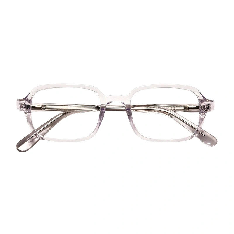 Front view of rectangular clear transparent acetate eyeglass frames.