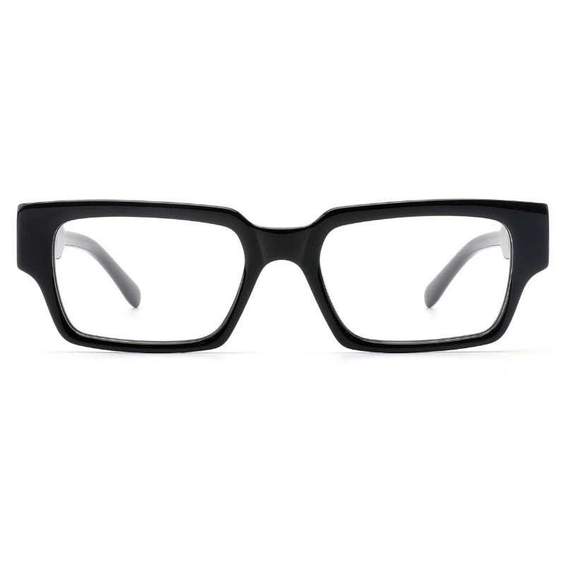 A direct front view of men's eyeglasses with thick, squared-off black acetate frames and clear lenses.