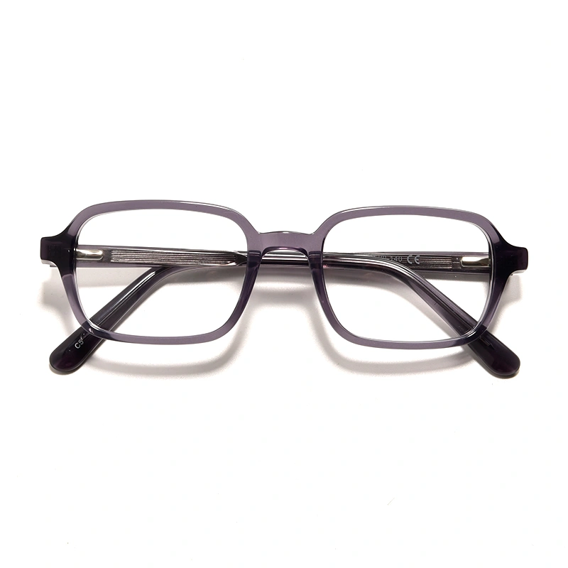 Front view of rectangular grey acetate eyeglass frames.
