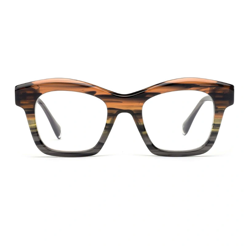 Front view of thick, square acetate glasses featuring a layered color pattern of warm brown, black, and gray stripes, on a white background.