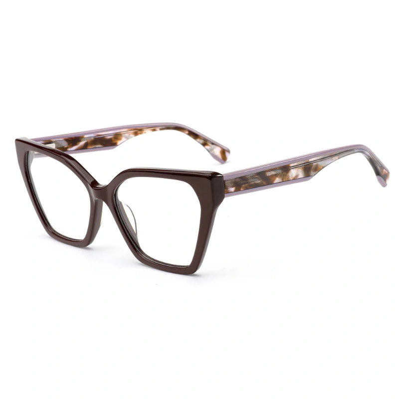 A three-quarter view of cat-eye eyeglasses featuring a solid dark brown frame and light-colored tortoiseshell temples with purple accents.