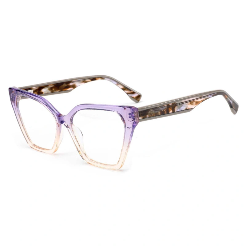 A pair of oversized women's cat-eye glasses with a purple and peach gradient frame and tortoiseshell arms.