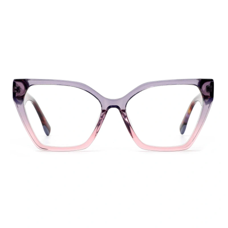 A front view of cat-eye eyeglasses with a translucent dusty purple to light pink gradient frame.