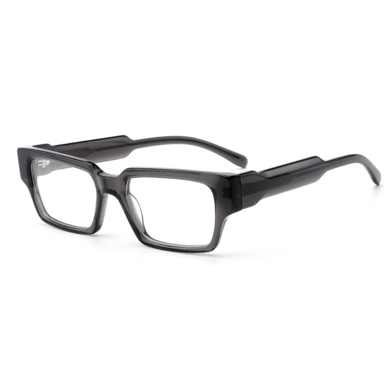 Men's rectangular eyeglasses with a translucent smoke gray acetate frame, pictured from a three-quarter perspective to show the frame's details.