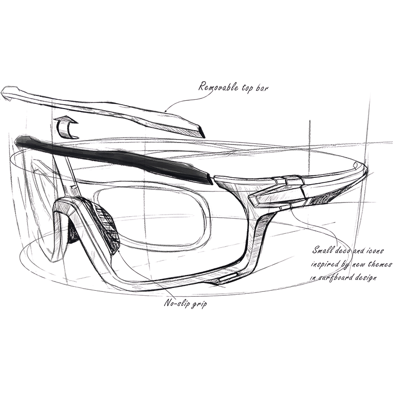 Concept sketch of sports sunglasses showing design details such as a removable top bar, no-slip grip, and a frame inspired by smooth, aerodynamic surfboard design lines. The drawing features structural outlines and annotations highlighting functional and aesthetic elements.