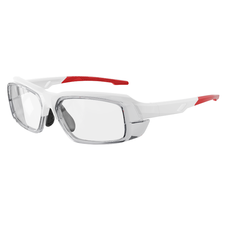 White wraparound sports safety glasses with clear protective lenses and red temple grips.