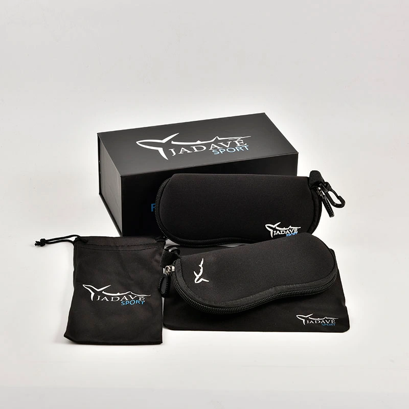 Complete custom eyewear packaging set including a branded gift box, zippered EVA sports cases, a microfiber pouch, and a cleaning cloth for OEM orders.