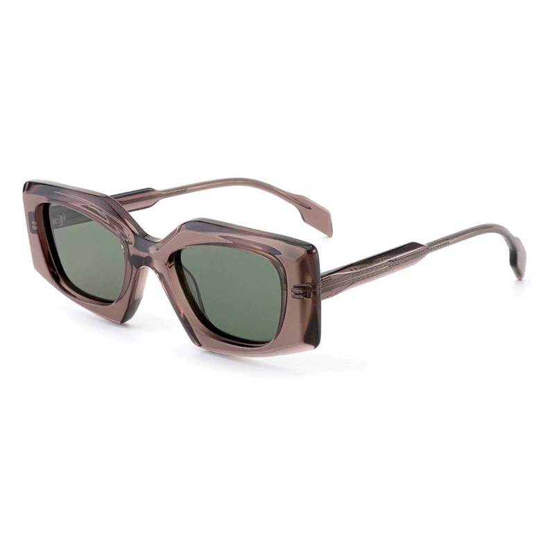 Side view of women's angular acetate sunglasses in a translucent taupe color.
