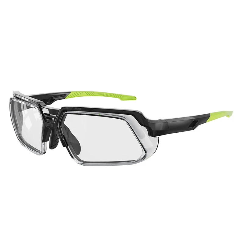 Black sports frame with neon green temple tips. High-contrast pickleball glasses no fog model available for bulk OEM ordering.