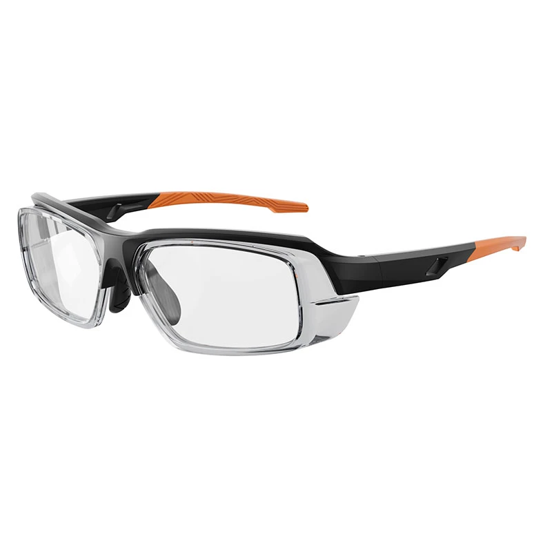 Black and orange safety glasses with anti-slip rubber tips. Professional TR eyewear featuring wrap-around design for pickleball eye protection