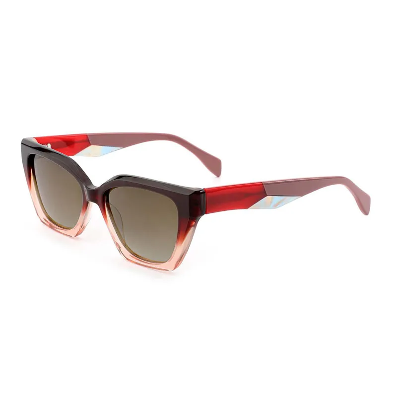 a pair of laminated red and pink color square frame acetate sunglasses.