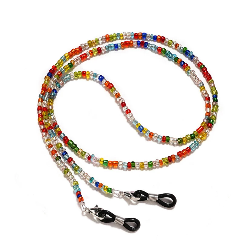 A vibrant, multi-color beaded sunglasses chain with a rainbow-like assortment of seed beads. This boho-style accessory is perfect for wholesale importers.