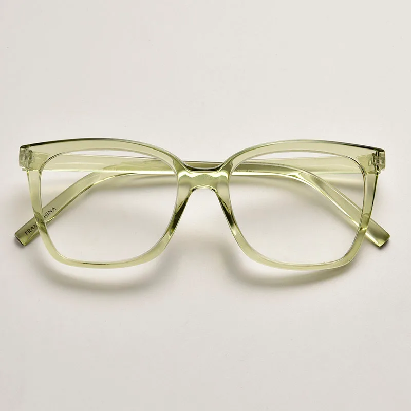 Translucent crystal olive green square frame reading glasses. High-quality polycarbonate eyewear available for bulk import and custom logo orders.
