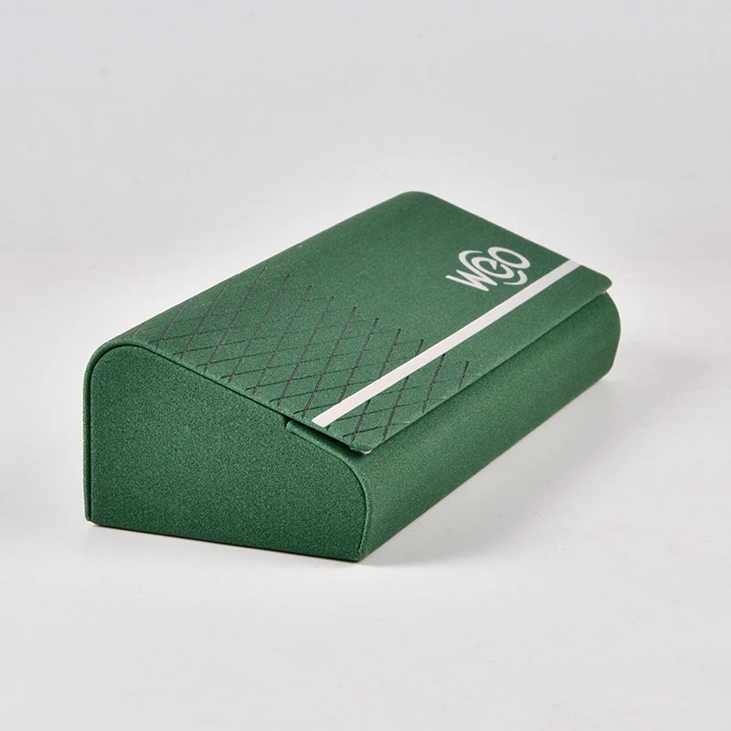 a custom eyewear case in green color showing with logo for wholesalers.