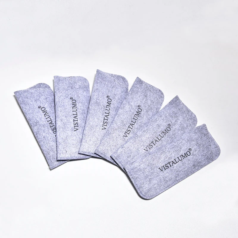 6pc grey color felt reading glasses pouch with brand VISTALUMO logo.