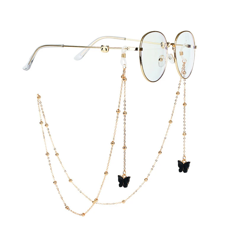 Assorted colors of eye glasses string holder straps with butterfly charms, suitable for fashion boutiques and eyewear brand customization