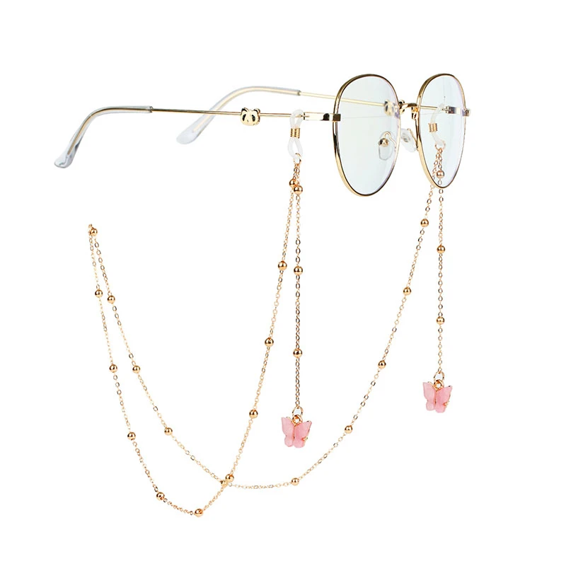 Pink butterfly eye glasses string holder strap with adjustable metal chain for sunglasses and reading glasses wholesale.