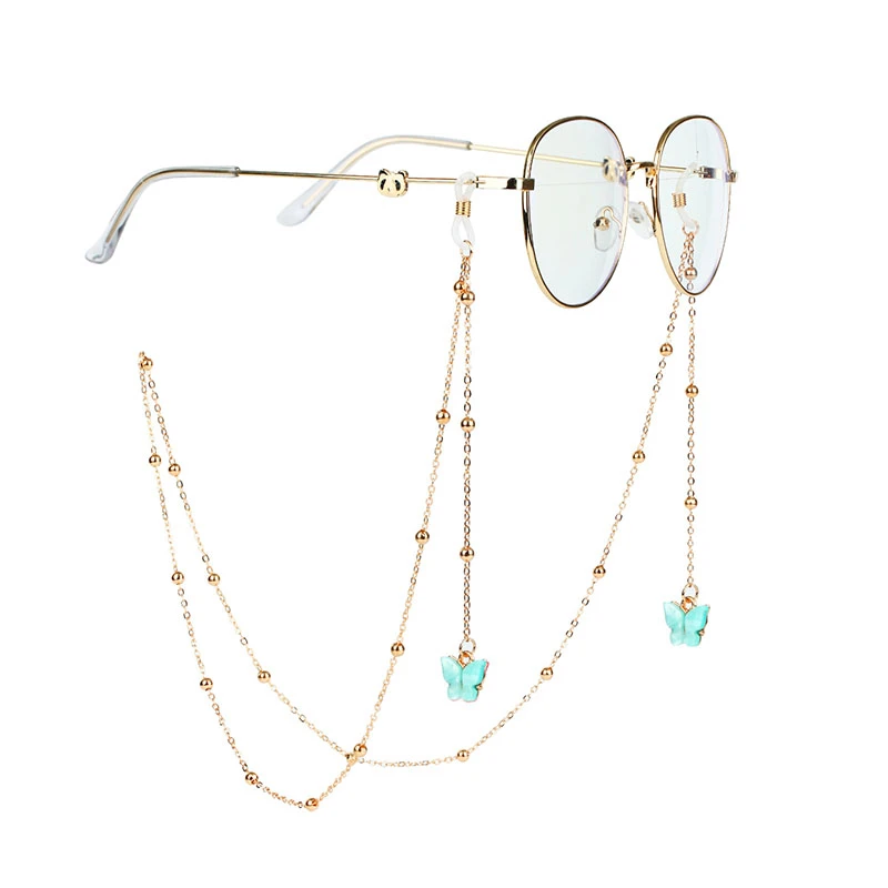 Turquoise butterfly eye glasses string holder strap featuring delicate metal chain for bulk orders.