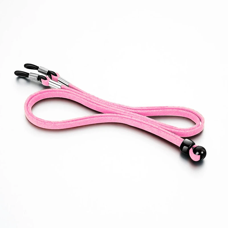Pink lightweight eyeglass straps for sports featuring soft fabric material and adjustable metal ends for bulk orders.