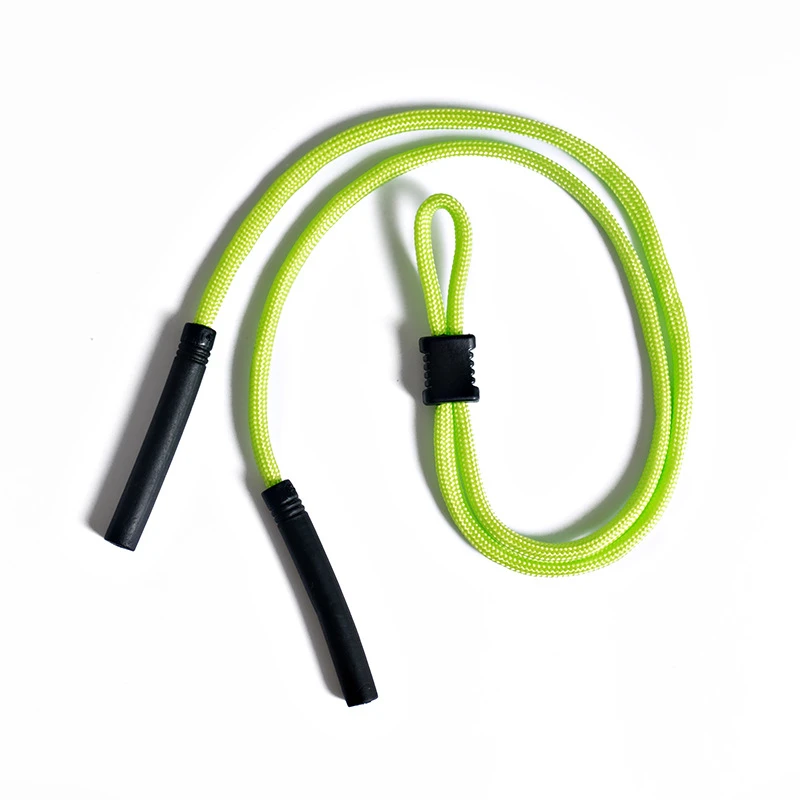 Green braided eyeglasses holder strap retainer with adjustable toggle and soft silicone connectors.