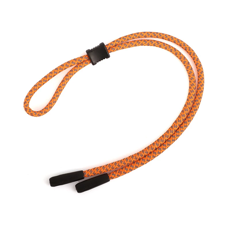 Bright orange eyewear retainer strap with adjustable slider and soft silicone tips for sports sunglasses bulk orders.